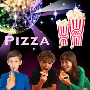 Kids enjoying pizza, popcorn, and juice at Flipz Disco Night party.